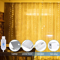 Amzeeniu String Light Curtain 3m X 3m, 300 LED USB String Light Curtain 8 módů s dálkovým ovládáním, 10 háčků, LED Fairy Lights,